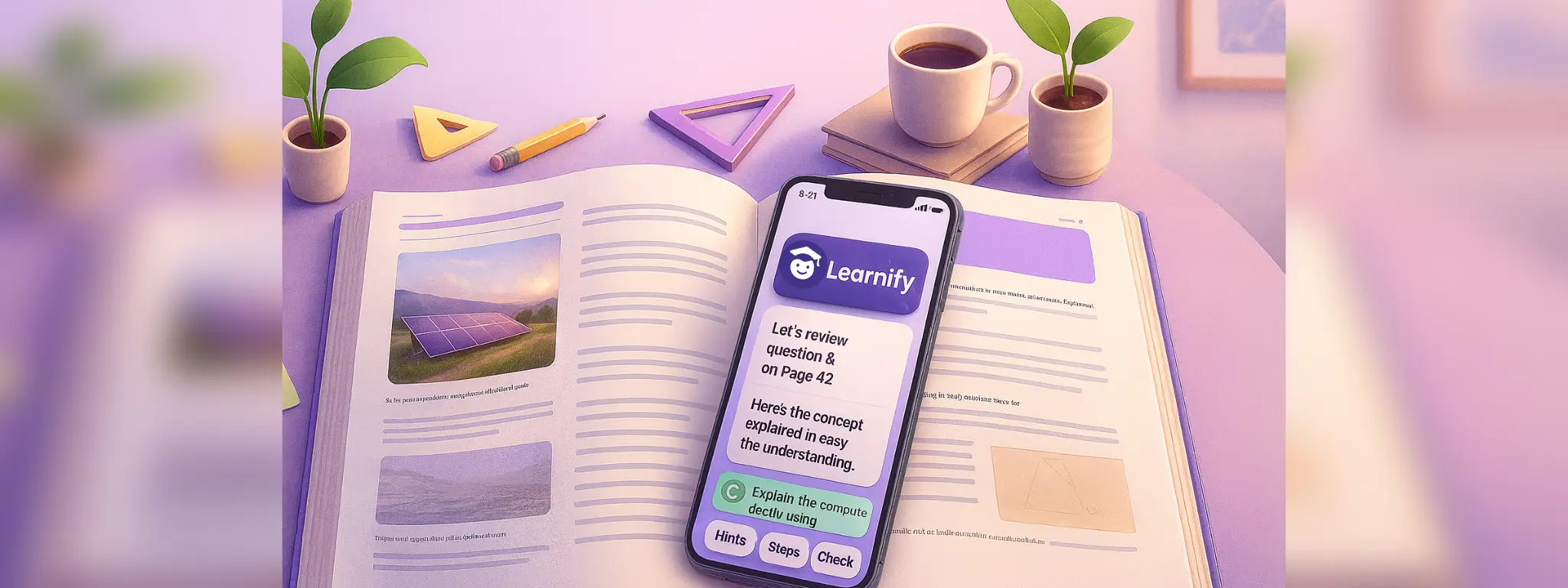 Learnify screens showing study flow and AI helper